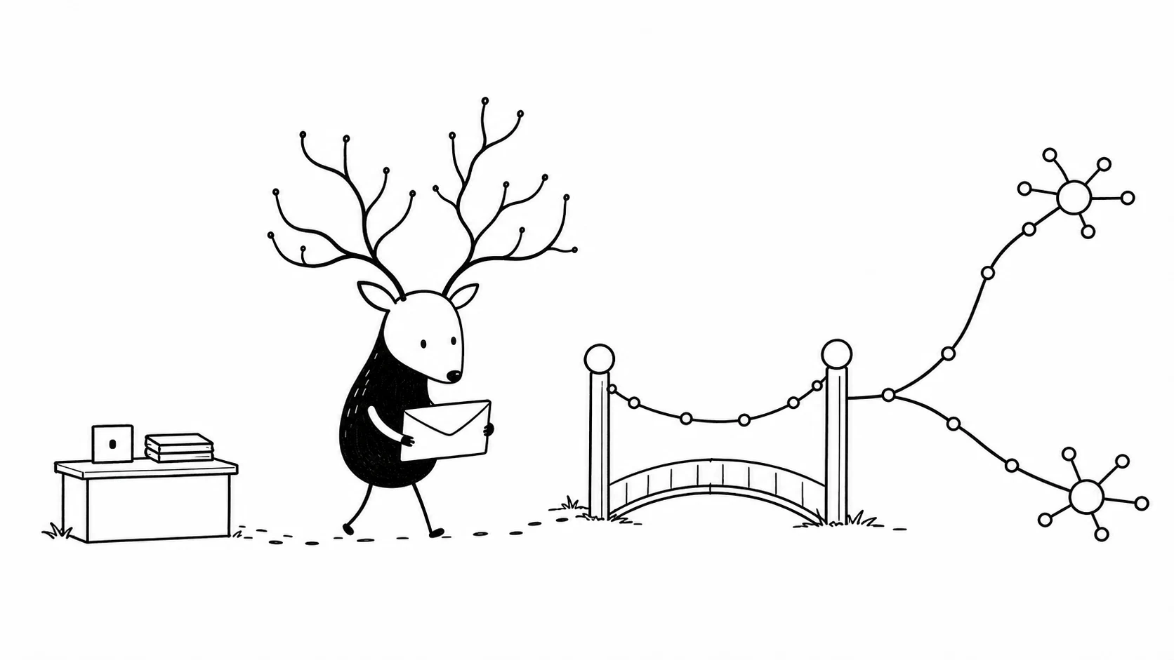 White-Face Xiaolu carries an IPv6 prefix from a resource desk toward a public routing gate, with two possible paths ahead.