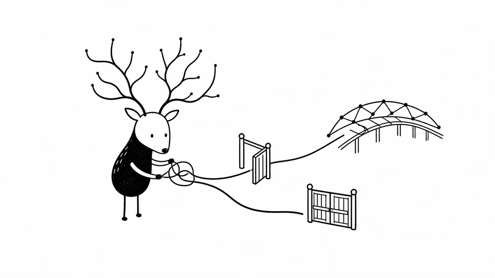 White-Face Xiaolu carefully untangles a route thread between a small router, a gate, and a public path, while keeping the authorised route separate from a rejected branch.