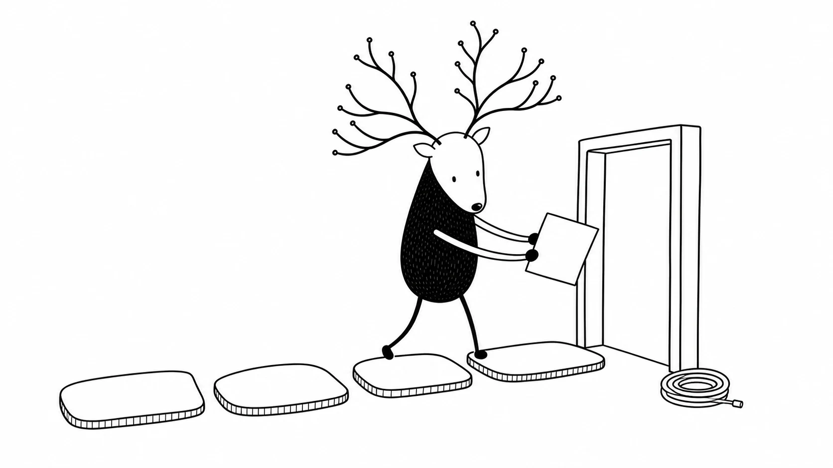 White-Face Xiaolu carries documentation along a prepared path toward an open doorway.