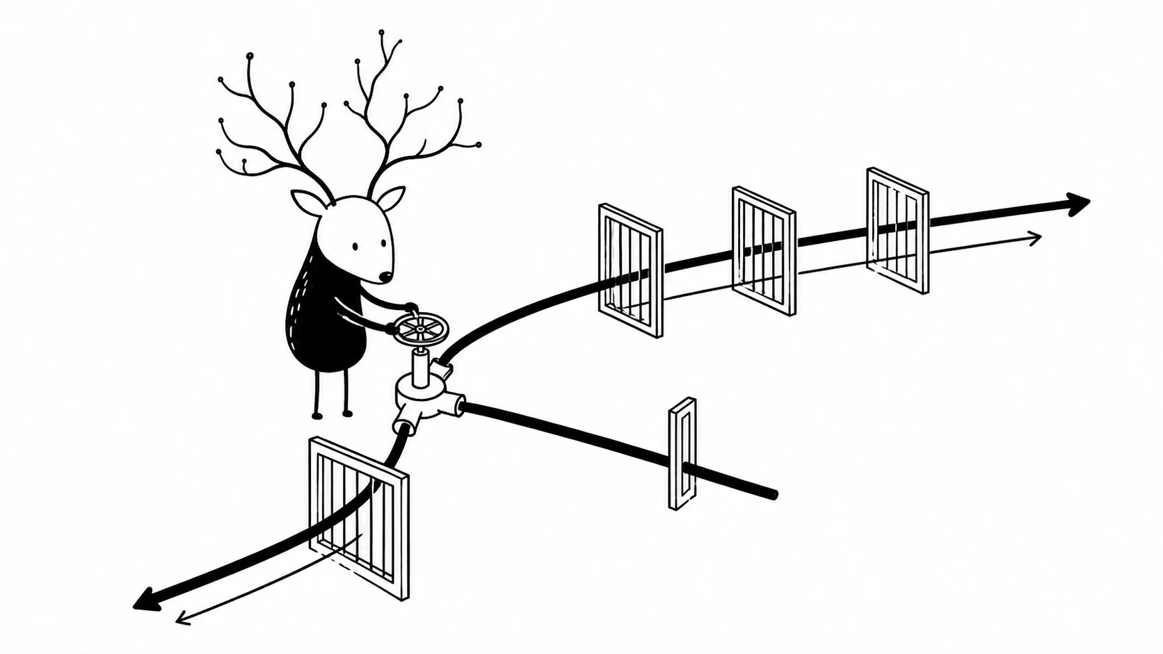 White-Face Xiaolu turns a three-way route valve, sending one cable through an aggregate path, one into a filtering gate, and one across several open gates.