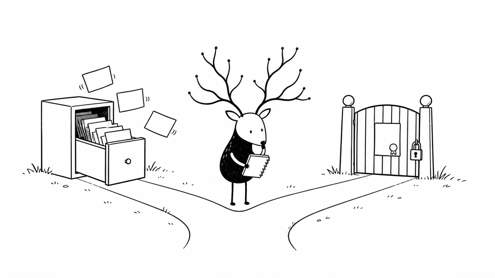 White-Face Xiaolu stands between a registry cabinet and a separate authorization gate, comparing two independent routing checks.