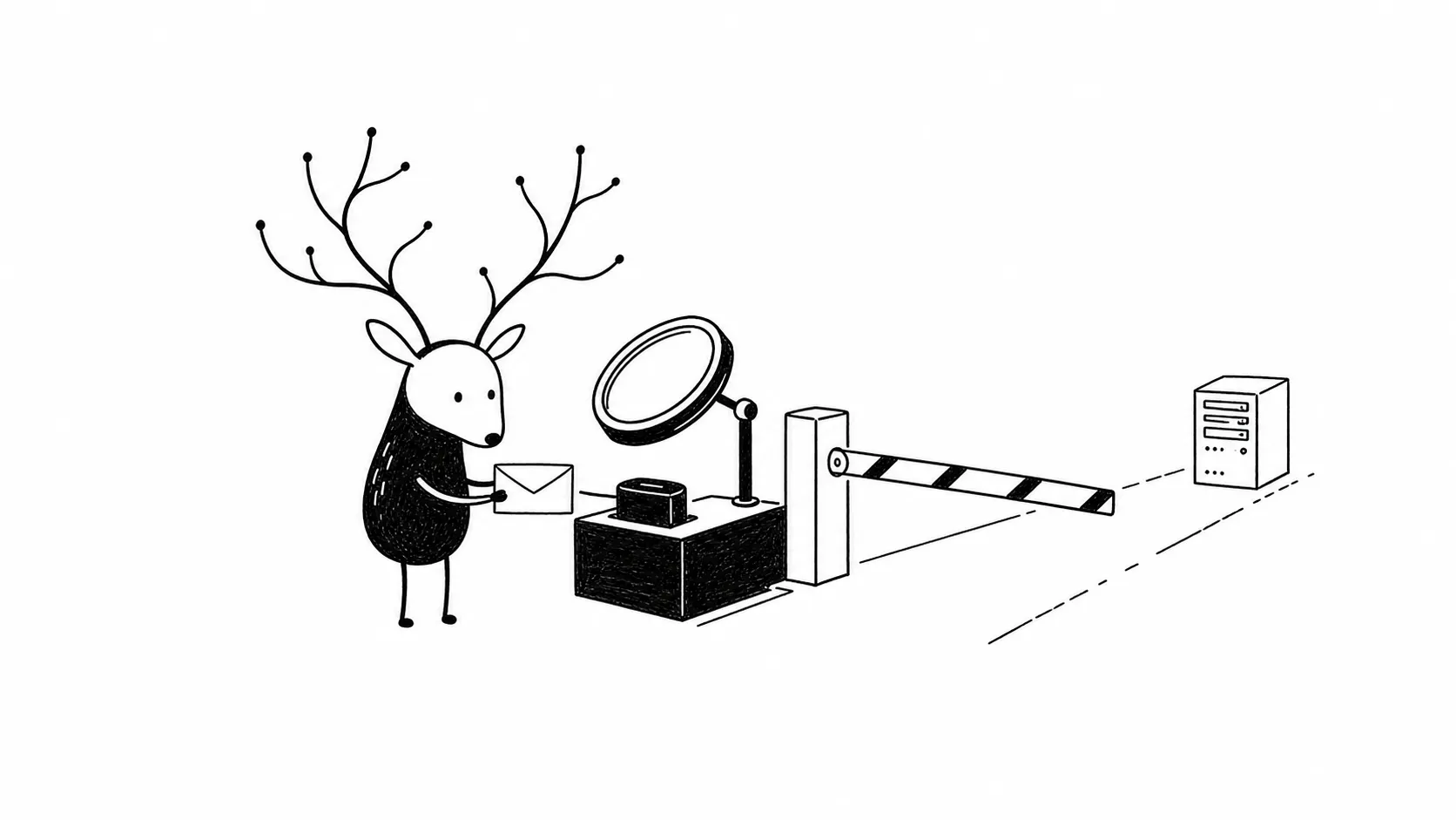 White-Face Xiaolu carries a request envelope toward an IP reputation screening gate before it can reach the server.