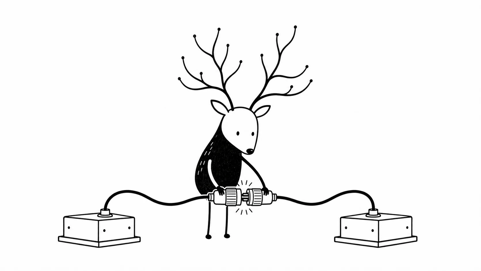 White-Face Xiaolu joining two network cable connectors to establish a BGP session.