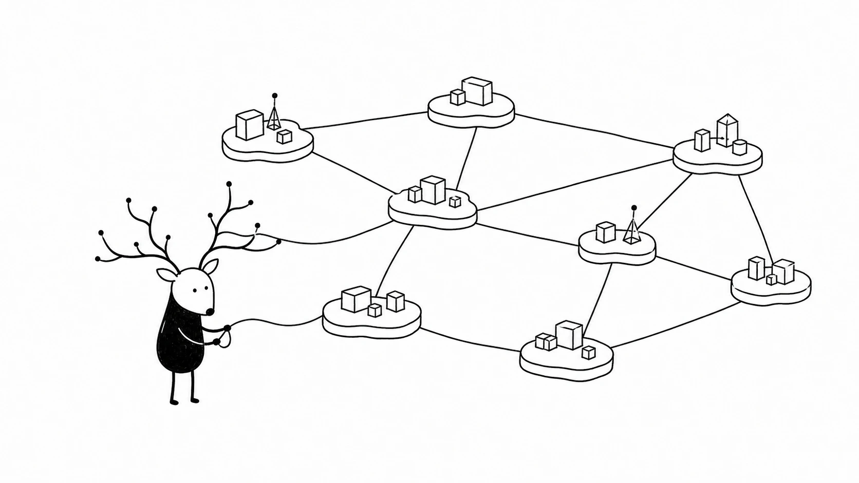 White-Face Xiaolu holds routing threads between independent network islands, showing the Internet as a mesh of Autonomous Systems.